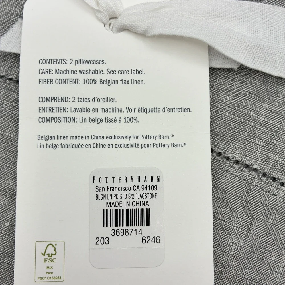 NWT Pottery Barn Belgian Flax Linen Pillowcases Set of 2 Standard Flagstone Gray